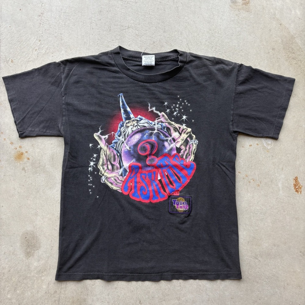 Vintage 90s Wizard Crystal Ball Shirt L Faded Black Single Stitch Wild Oats Tee